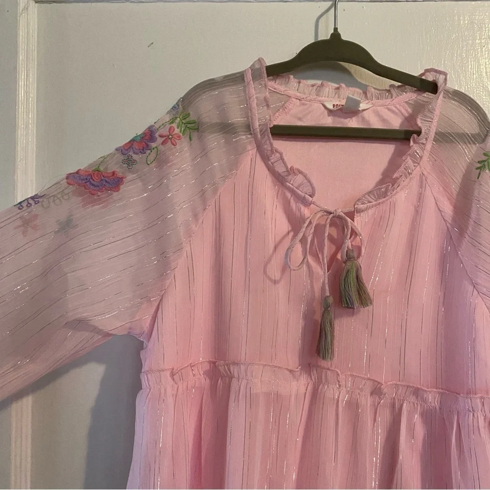 Point Cove Girls Age 9-10 Pink Floral Embroidered Metallic Dress Boho Spring